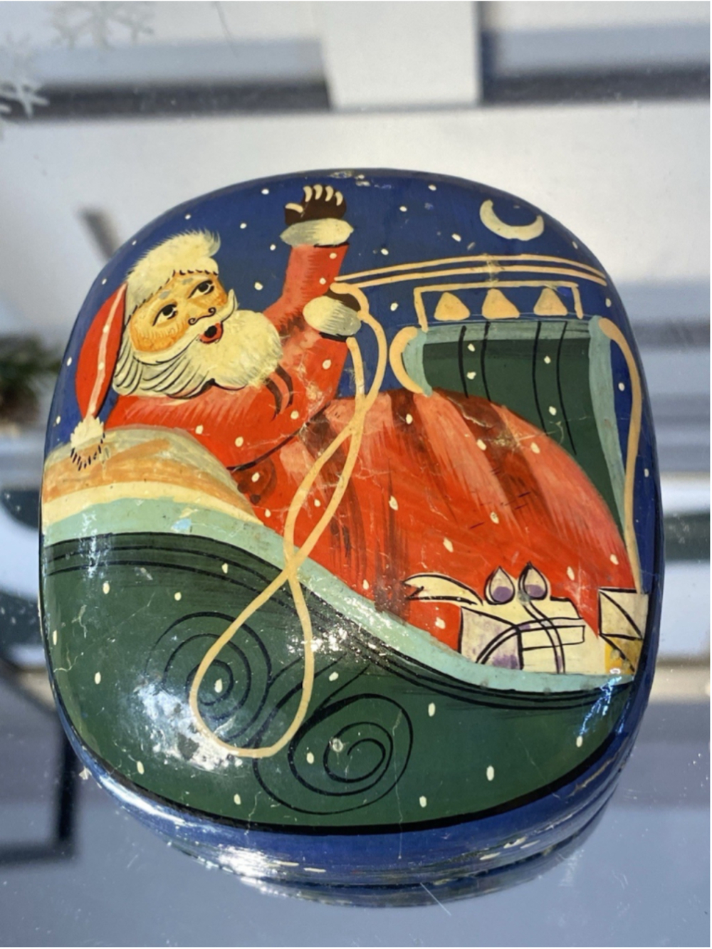 Vintage Hand Painted Santa Keepsake Box India Yellow Folk Art Decor